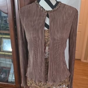 Cachet  Copper Brown Pleated Blazer with Embellished Collar